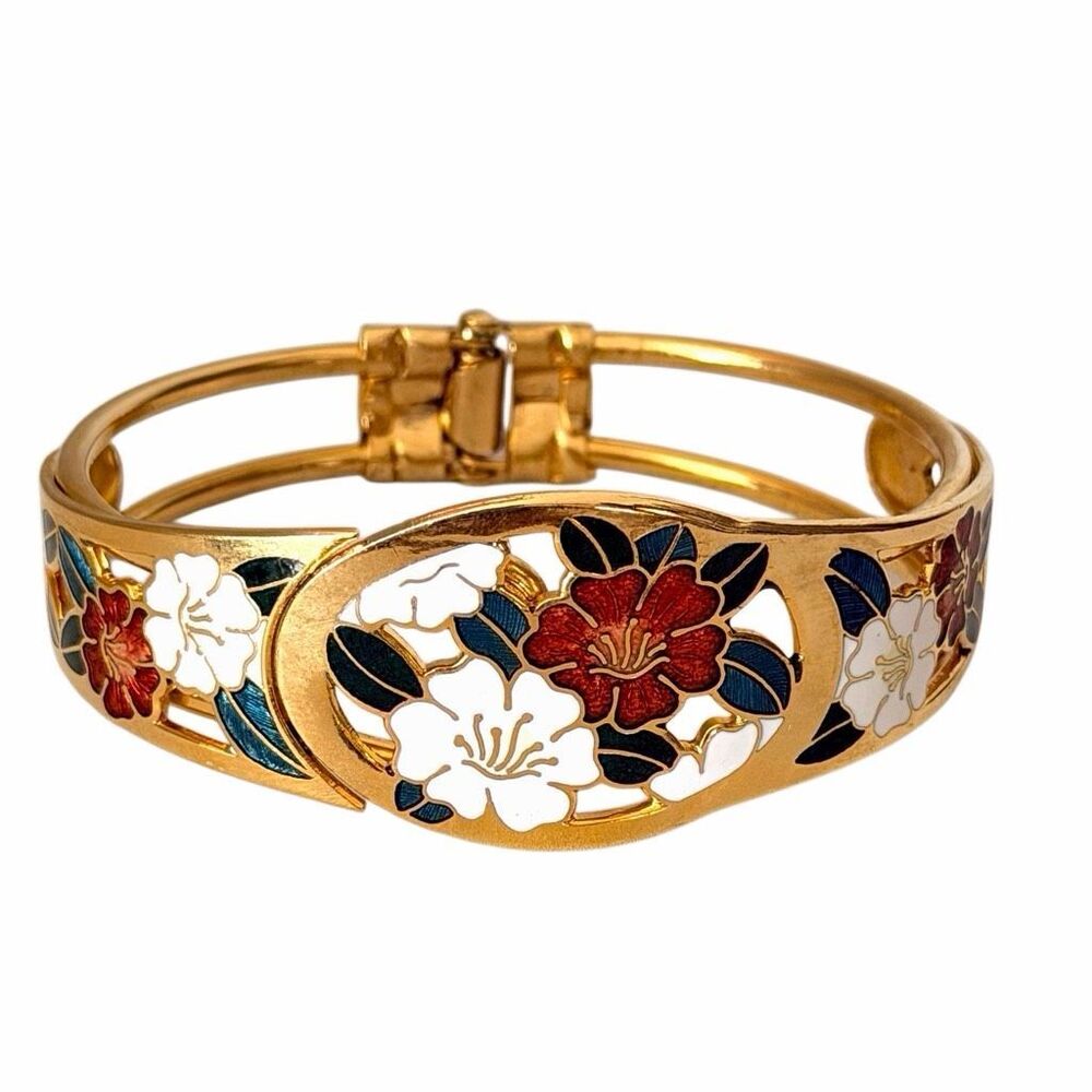 Vintage Cloisonné Floral Enamel Hinged Bangle Bracelet Gold Tone